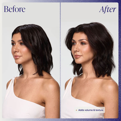 Before and after comparison of a woman with styled hair against a plain background