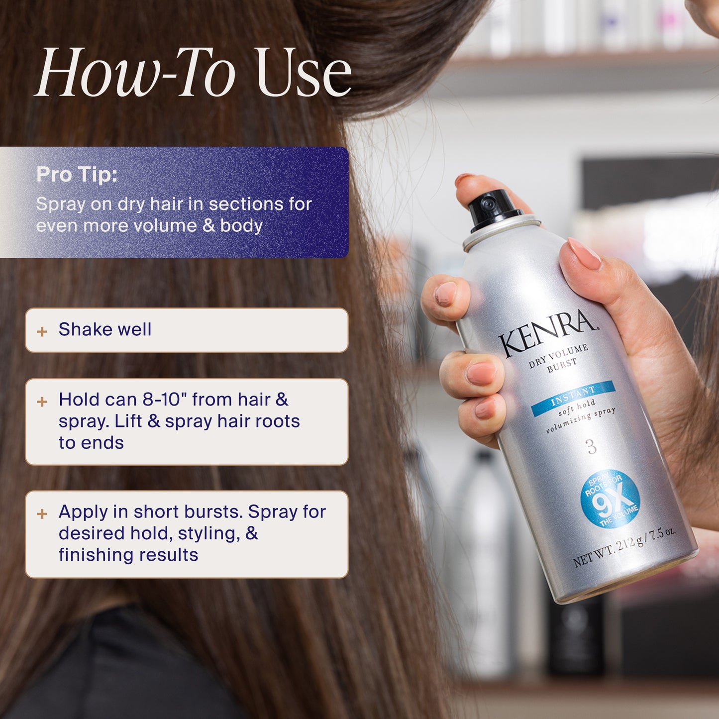 Kenra dry volume spray bottle held by a person with text on how to use it.
