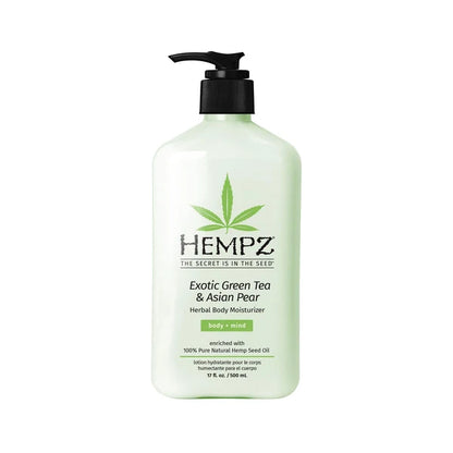 A bottle of HEMpz Exotic Green Tea & Asian Pear Herbal Body Moisturizer with a black pump dispenser, shown on a plain white background.