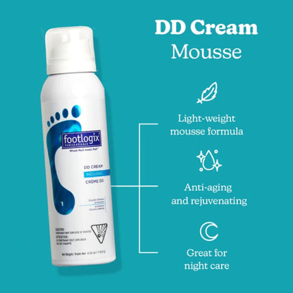 Footlogix DD Cream Mousse bottle with product features listed.