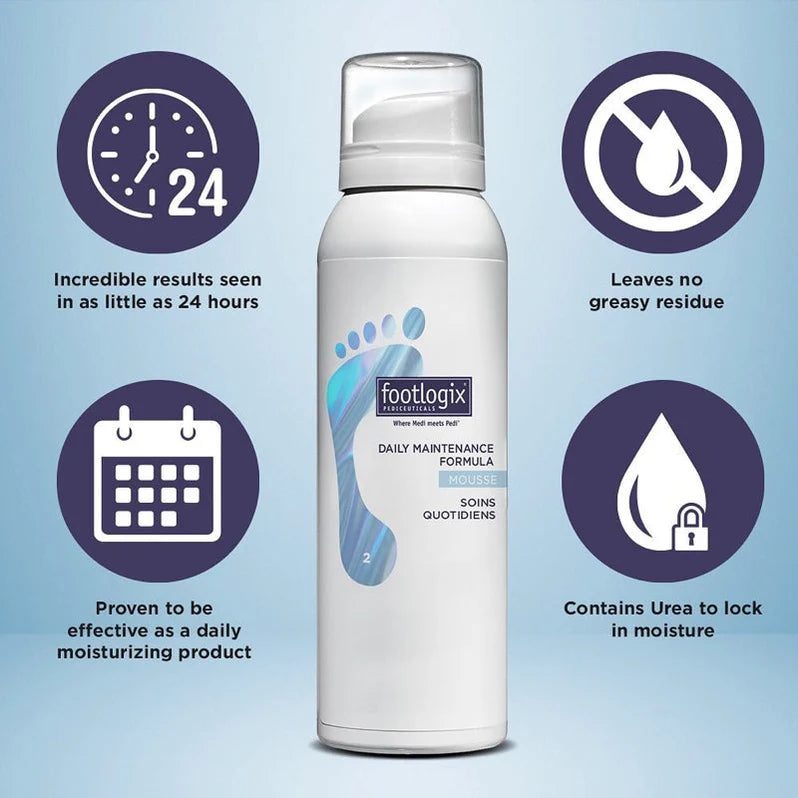 Footlogix daily maintenance formula mousse bottle with features 