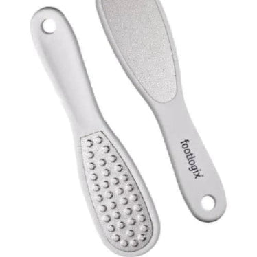 Two foot files with textured surfaces: fine and coarse grit, branded 'footlogix'.