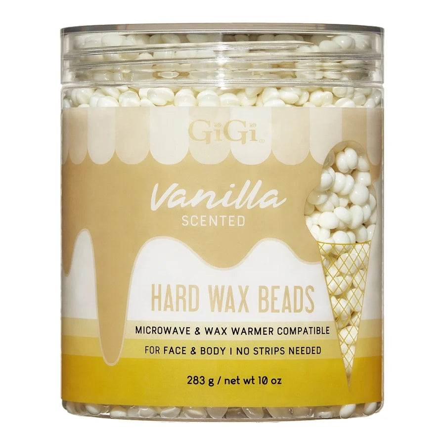 Jar of vanilla-scented hard wax beads with a visible brand label.