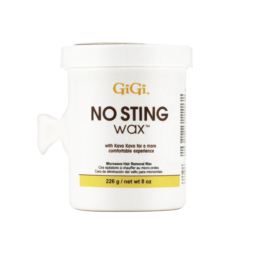 GiGi No Sting Wax microwaves hair removal wax in a white plastic tub with a fish-shaped applicator spout, featuring a yellow and brown label.