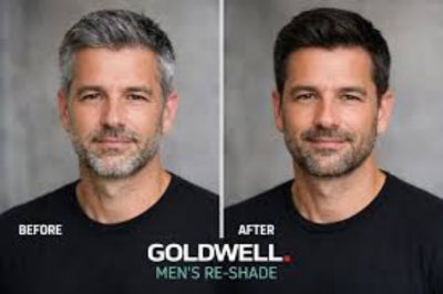 Before and after comparison of a man's hair color with Goldwell branding.