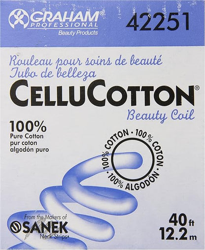 Graham Professional CelluCotton Beauty Coil neck wrap packaging, featuring a white and blue design with product details including size 40 ft / 12.2 m and references to Sanek neck wraps.