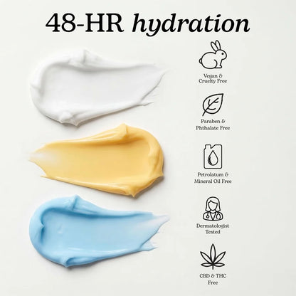 Three cosmetic cream swatches in white, yellow, and light blue are shown on a white background with text reading '48-HR hydration' and icons for vegan/cruelty-free, paraben and phthalate-free, petroleum and mineral oil free, dermatologist-tested, and CBD and THC free.