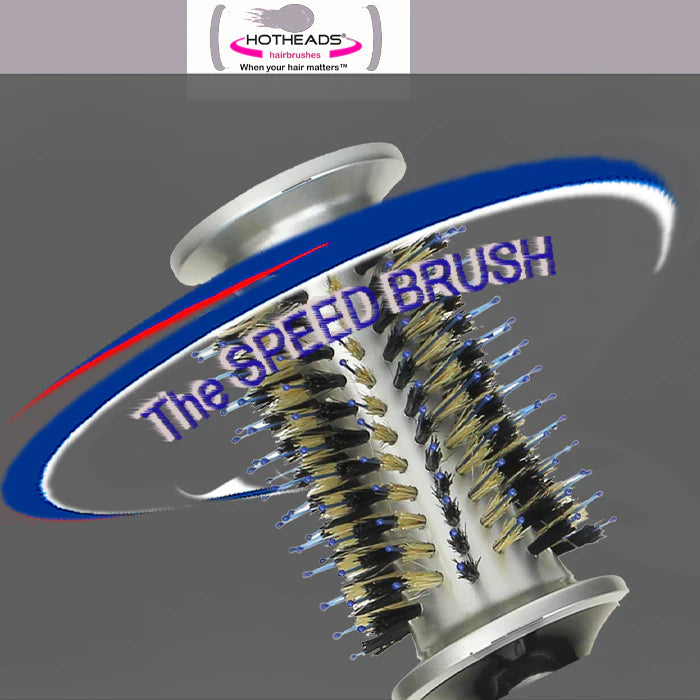 Hairbrush with bristles and 'The Speed Brush' text on a gray background, featuring the Hot Heads logo.