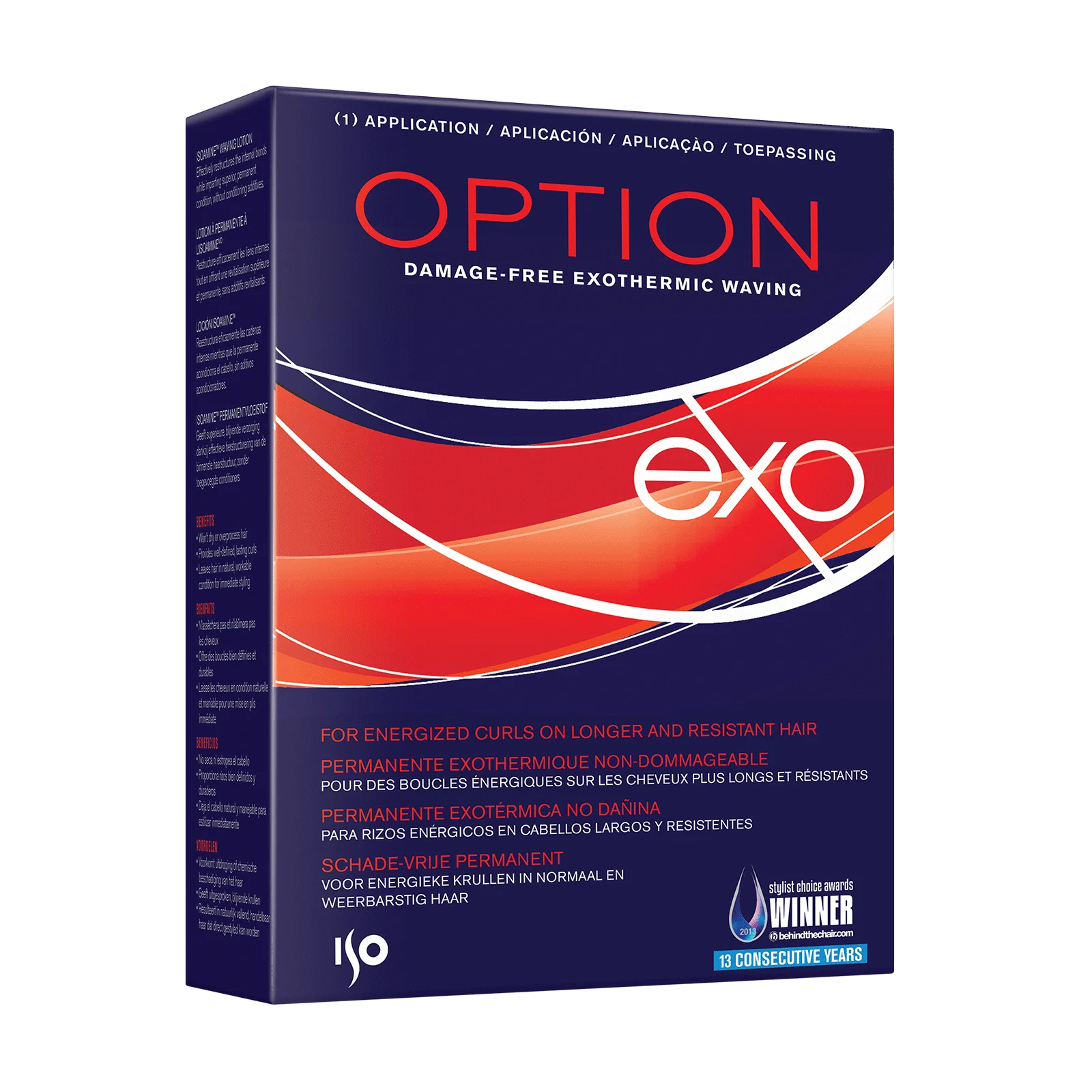 A product box for EXO Option Damage-Free Exothermic Waving, featuring a dark navy blue background with red and white graphic elements and text.