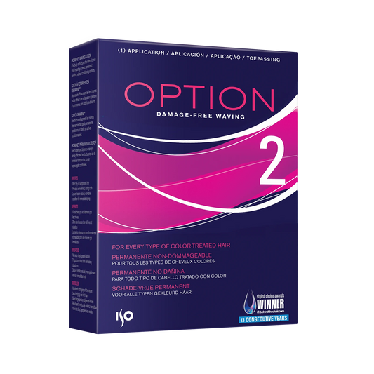Option 2 Damage-Free Waving box for color-treated hair, featuring a dark blue and pink design with white text and graphics.