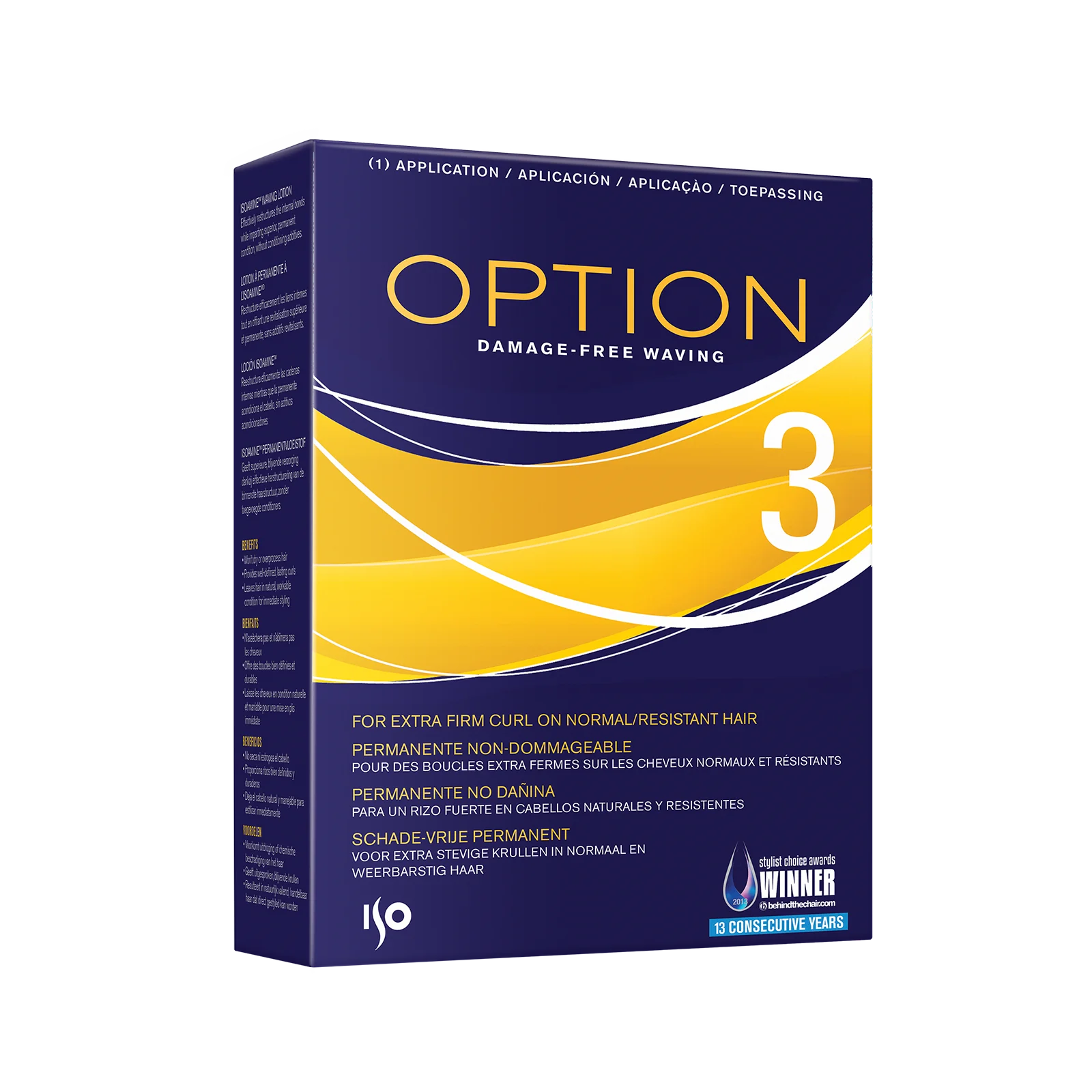 A box of Option Damage-Free Waving 3 curling solution, featuring a dark blue and yellow design with white text, shown on a plain white background.