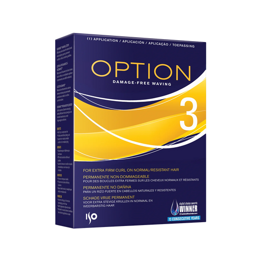 A box of Option Damage-Free Waving 3 curling solution, featuring a dark blue and yellow design with white text, shown on a plain white background.