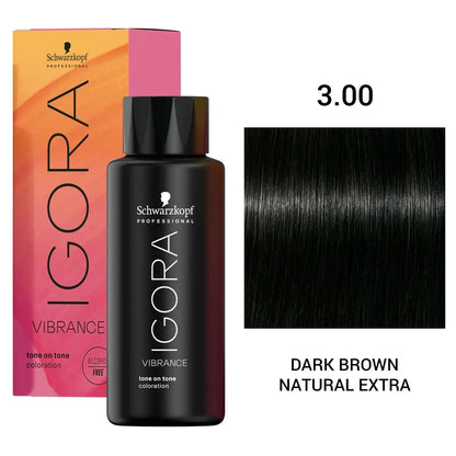 Schwarzkopf Professional Igora Vibrance tone-on-tone hair color in shade 3.00 Dark Brown Natural Extra, showing the black bottle, pink-to-orange box, and a hair swatch on a white background.
