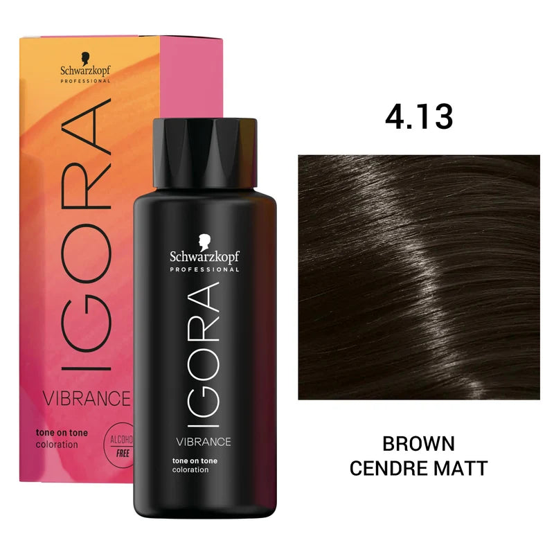 Schwarzkopf Professional Igora Vibration Coloration tone on tone coloration bottle in shade 4.13 Medium Brown Cendre Matt, shown next to its orange and pink box and a hair swatch image.
