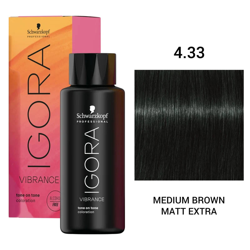 Schwarzkopf Professional Igora Vibrance tone-on-tone coloration bottle in shade 4.33, shown with its colorful gradient box and a hair swatch labeled 'MEDIUM BROWN MATT EXTRA'.