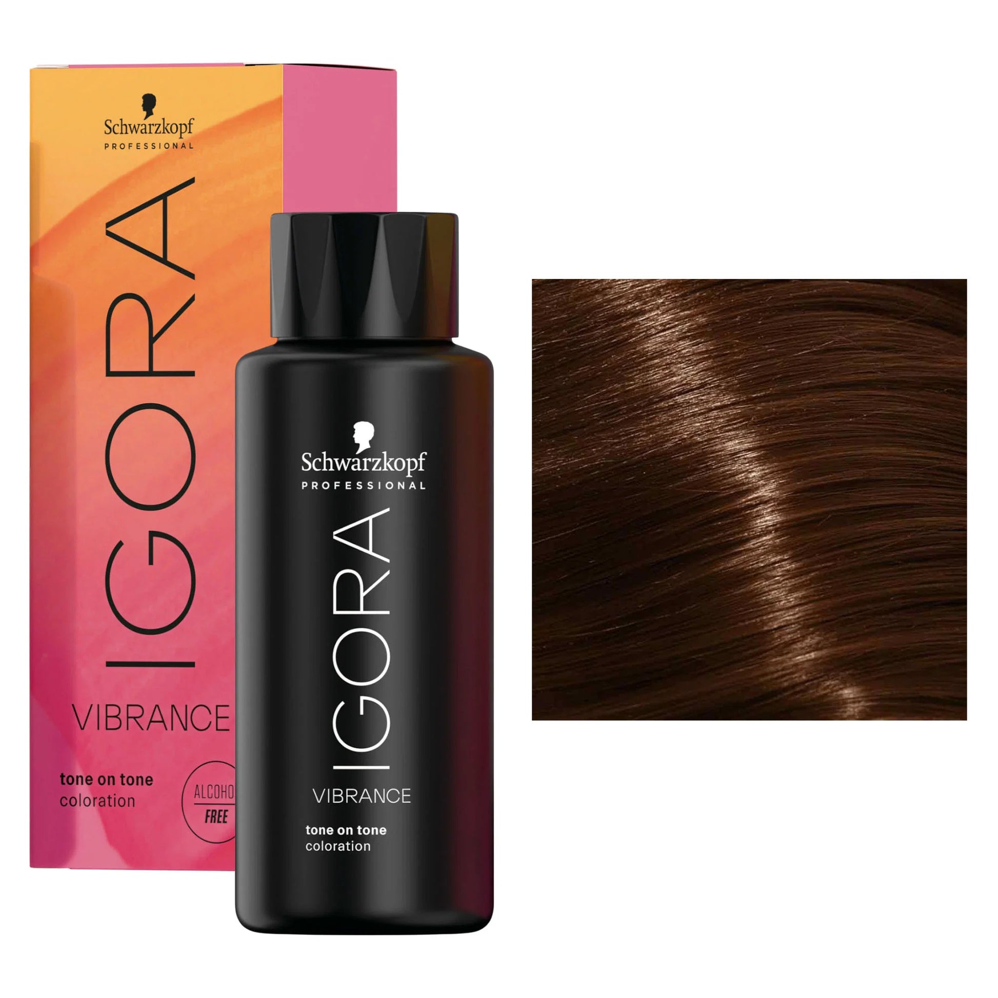 Schwarzkopf Professional Igora Vibrance tone on tone color treatment bottle in front of its pink and orange box, with a hair swatch showing the dark brown highlighted result on the right.
