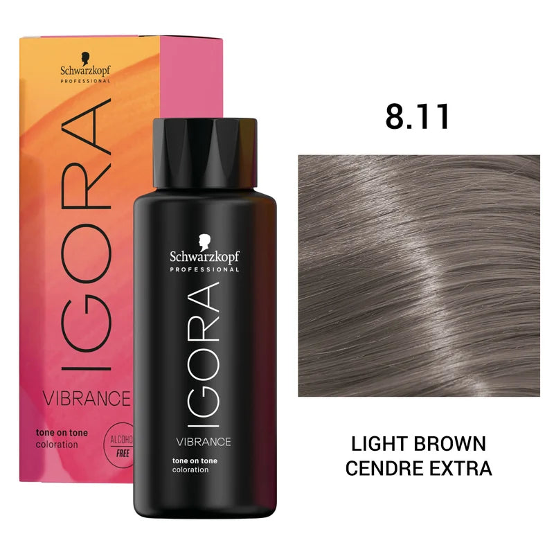 Schwarzkopf Professional Igora Vibration Coloration Light Blonde Cendre Extra hair dye bottle and box shown next to a hair color swatch swatch labeled 8.11.