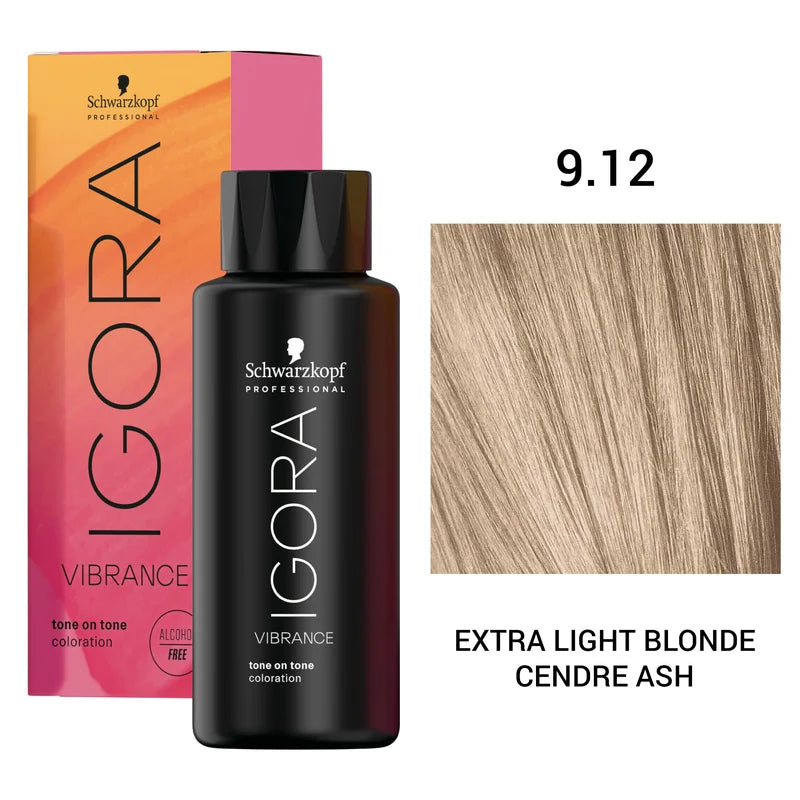 Schwarzkopf Professional Igora Vibration Coloron hair dye bottle in shade 9.12 Extra Light Blonde Cendre Ash, shown with its pink and orange gradient box and a hair color swatch.
