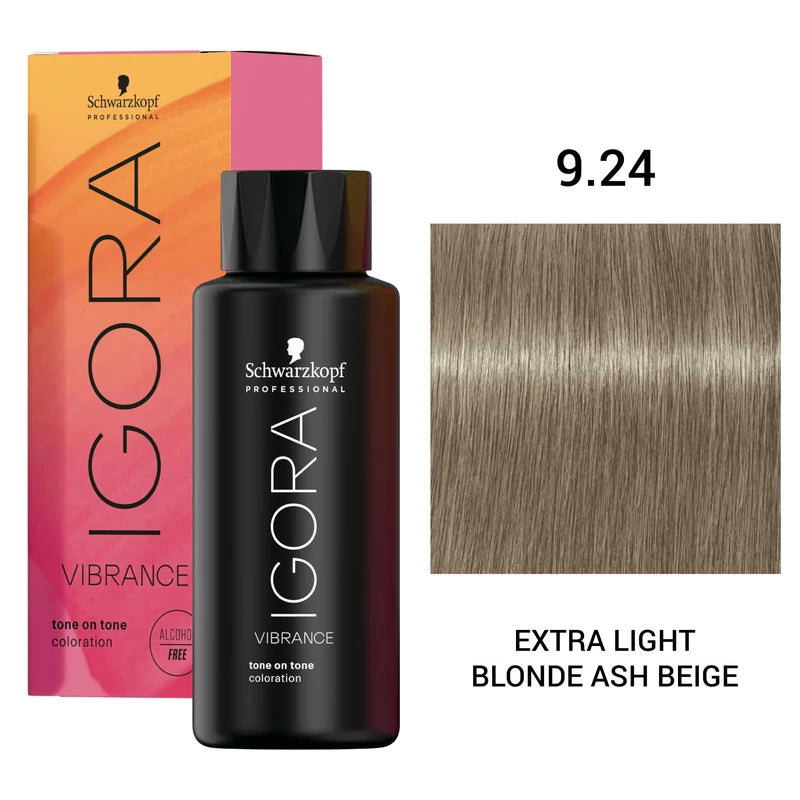 Schwarzkopf Professional Igora Vibration tone on tone coloration bottle in shade 9.24 Extra Light Blonde Ash Beige, shown with its pink-orange box and a hair color swatch.