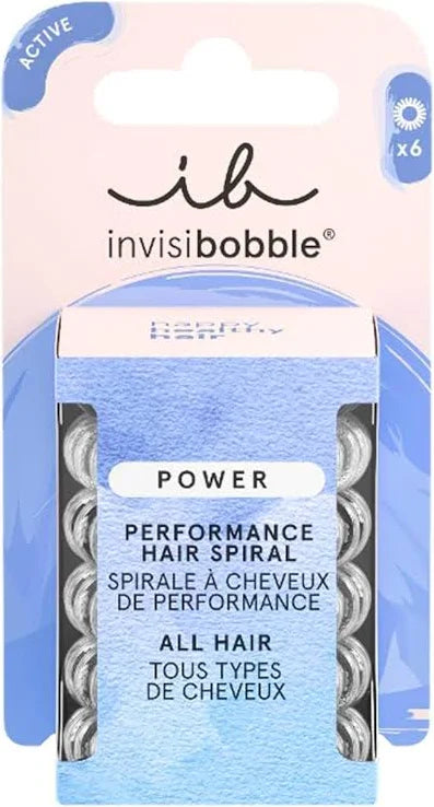 Invisibobble Power Performance Hair Spiral for all hair, shown in its original blue and pink blister packaging with six silver coils visible.