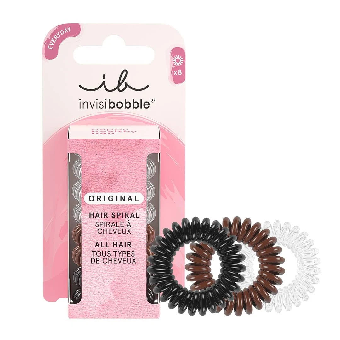Invisibobble ORIGINAL Spiral Hair Tie Value Pack- Clear, Black & Metallic 8 ct