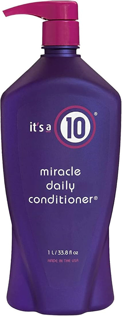 Purple bottle of 'it's a 10' miracle daily conditioner with pump on white background