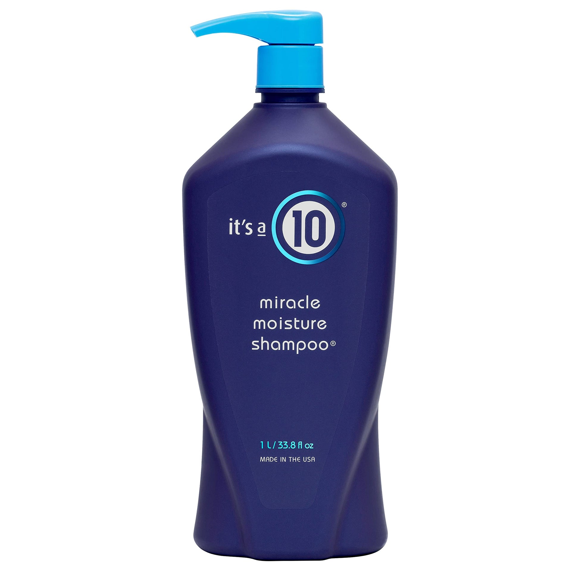 Blue bottle of 'it's a 10' miracle moisture shampoo litre on a white background