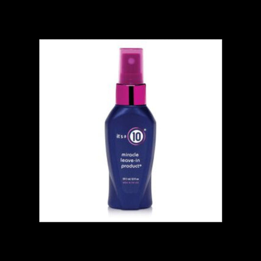 Blue bottle of 'it's a 10' miracle leave-in product with pink spray nozzle on white background