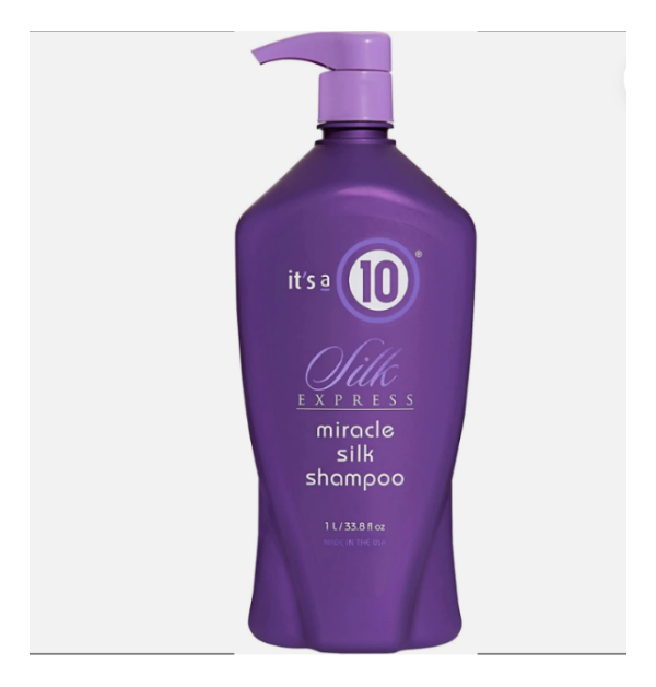 Purple shampoo bottle with pump labeled 'it's a 10 Silk Express shampoo litre' on a white background