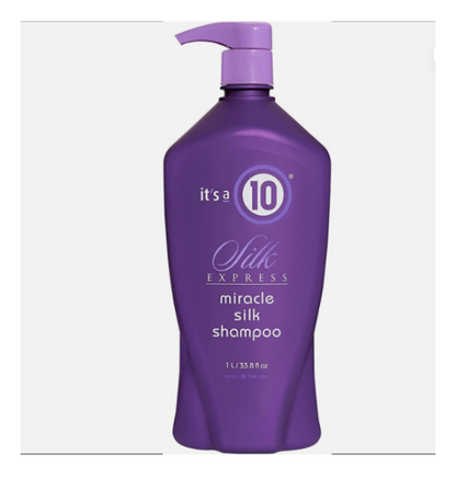 Purple shampoo bottle with pump labeled 'it's a 10 Silk Express shampoo litre' on a white background