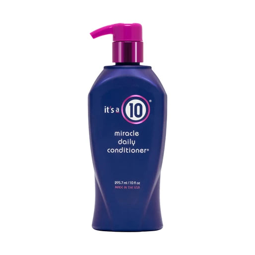 Blue bottle of 'it's a 10' miracle daily conditioner with purple pump on white background