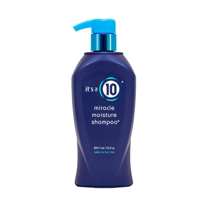 Blue shampoo bottle with pump labeled 'it's a 10 miracle moisture shampoo' 10oz on a white background