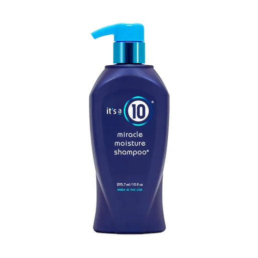 Blue shampoo bottle with pump labeled 'it's a 10 miracle moisture shampoo' 10oz on a white background
