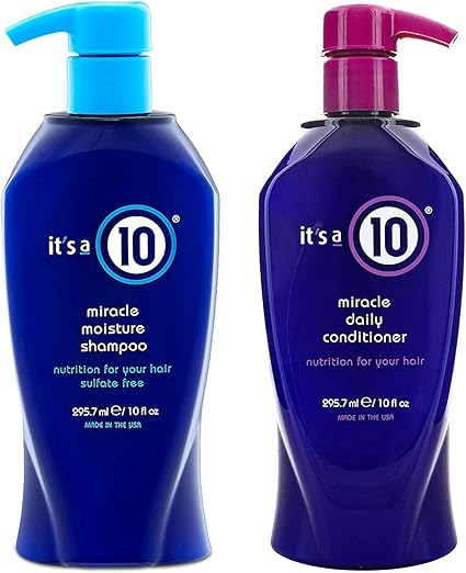 Two bottles of 'it's a 10' shampoo and conditioner on a white background