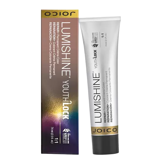 JOICO Lumshine Youthlock Permanent Color Repair cream shown with its retail box and squeeze tube on a plain white background.