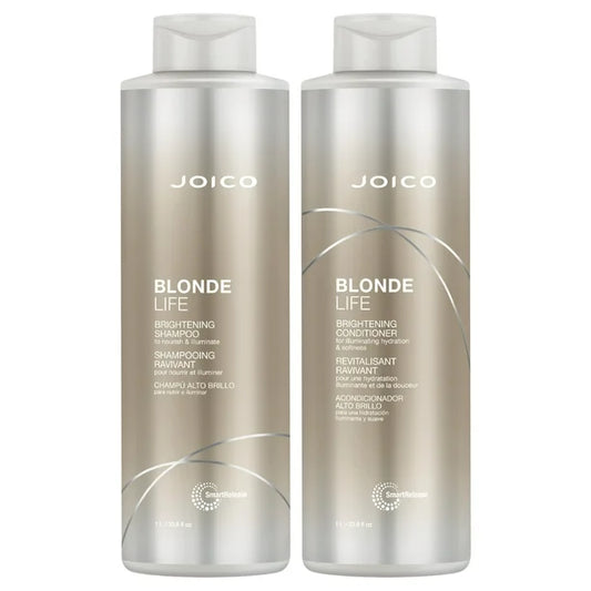 Two bottles of Joico Blonde Life shampoo and conditioner on a white background