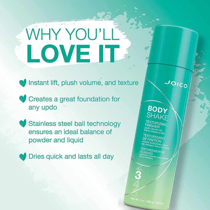 Joico Body Shake hair product with features listed on a teal background