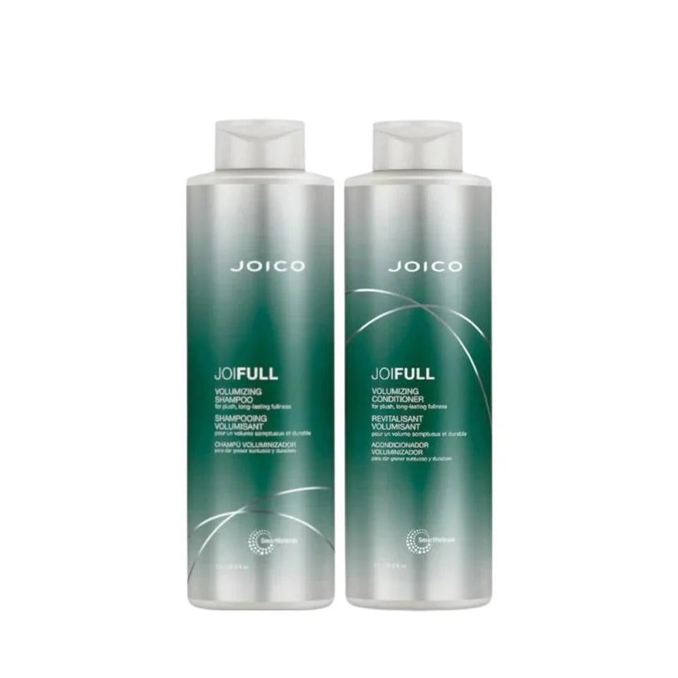 Two Joico JoiFull volumizing shampoo and conditioner bottles on a white background