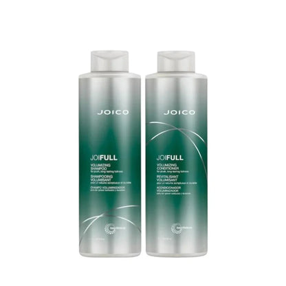 Two Joico JoiFull volumizing shampoo and conditioner bottles on a white background