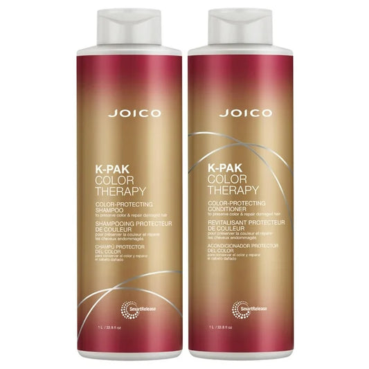 Two bottles of Joico K-Pak Color Therapy shampoo and conditioner on a white background