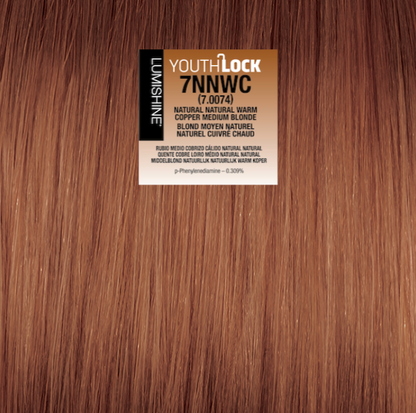 A close-up of hair color swatch showing straight medium brown hair with a label overlay that reads 'YOUTHLOCK 7NNWC' and 'LUMSHINE'.