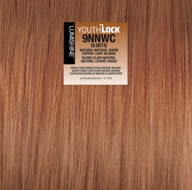 A close-up of a hair color swatch showing warm light brown to coppery blonde strands, with a Youth Lock 9NNWC label centered on the image.