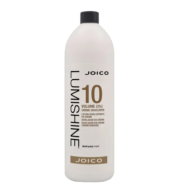A large white bottle of Joico Lumshine Volume 10 hair developer with a black cap, shown on a plain white background.