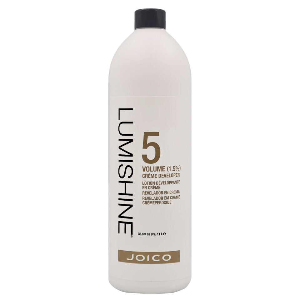 A large white bottle of Joico Lumshine Volume 5 Creme Developer with a black cap, shown on a plain white background.