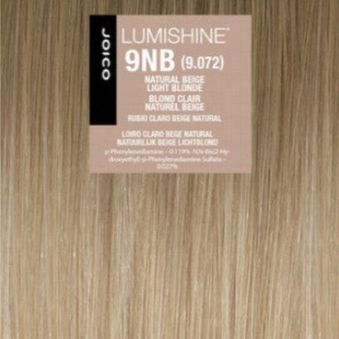 A hair color swatch card showing straight light beige-blonde hair strands with a central label reading 'LUMISHINE 9NB (9.072)' and the Joico brand.