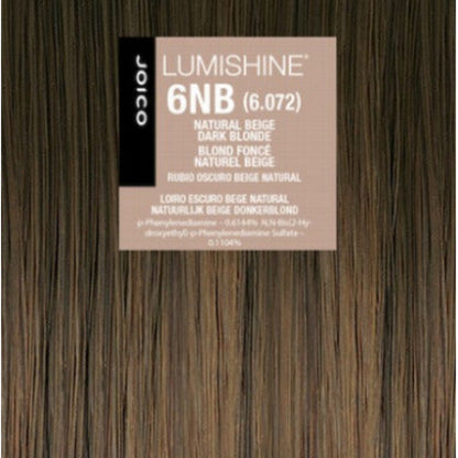 A hair color swatch card showing straight dark beige-blonde hair strands with a central label reading 'LUMISHINE 6NB (6.072)' and 'JOICO'.