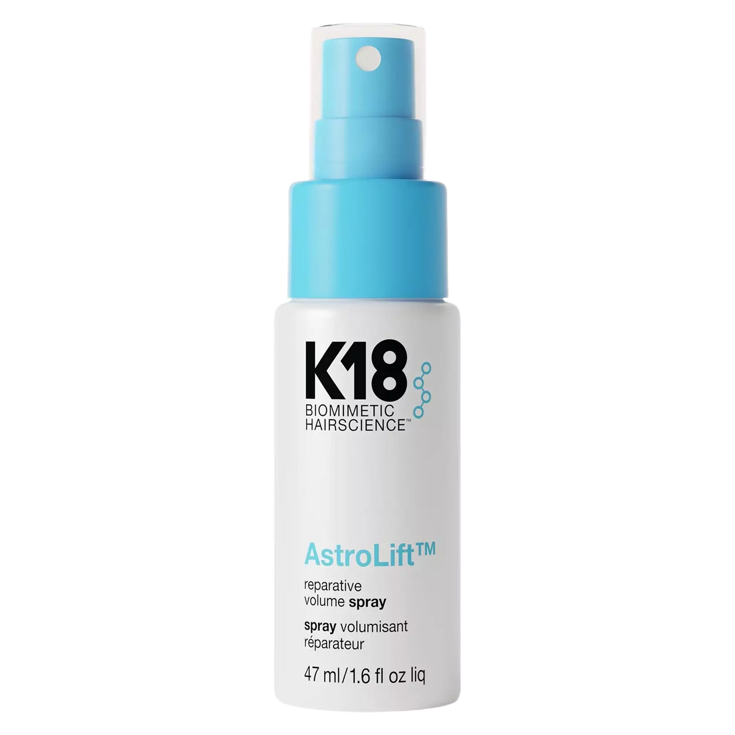 K18 Astrolift hair spray bottle on a white background