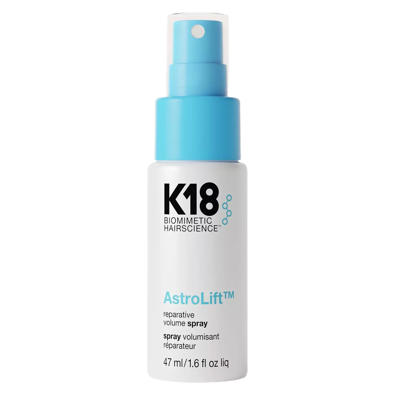 K18 Astrolift hair spray bottle on a white background