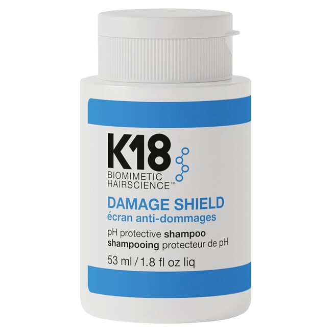 K18 Damage Shield shampoo bottle on a white background