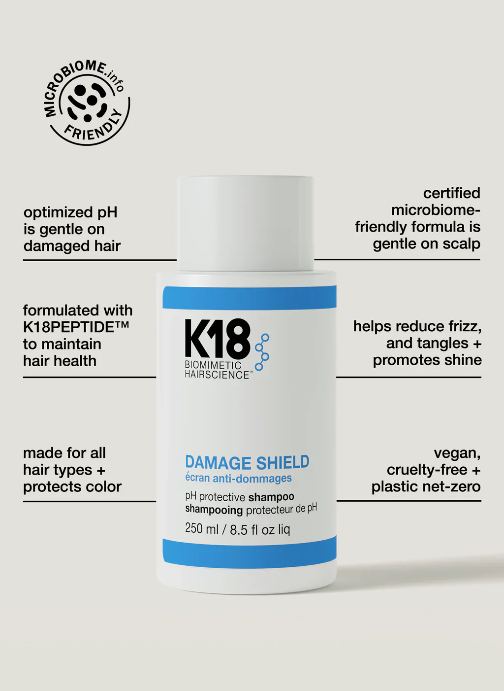 K18 Damage Shield shampoo bottle with product features on a white background